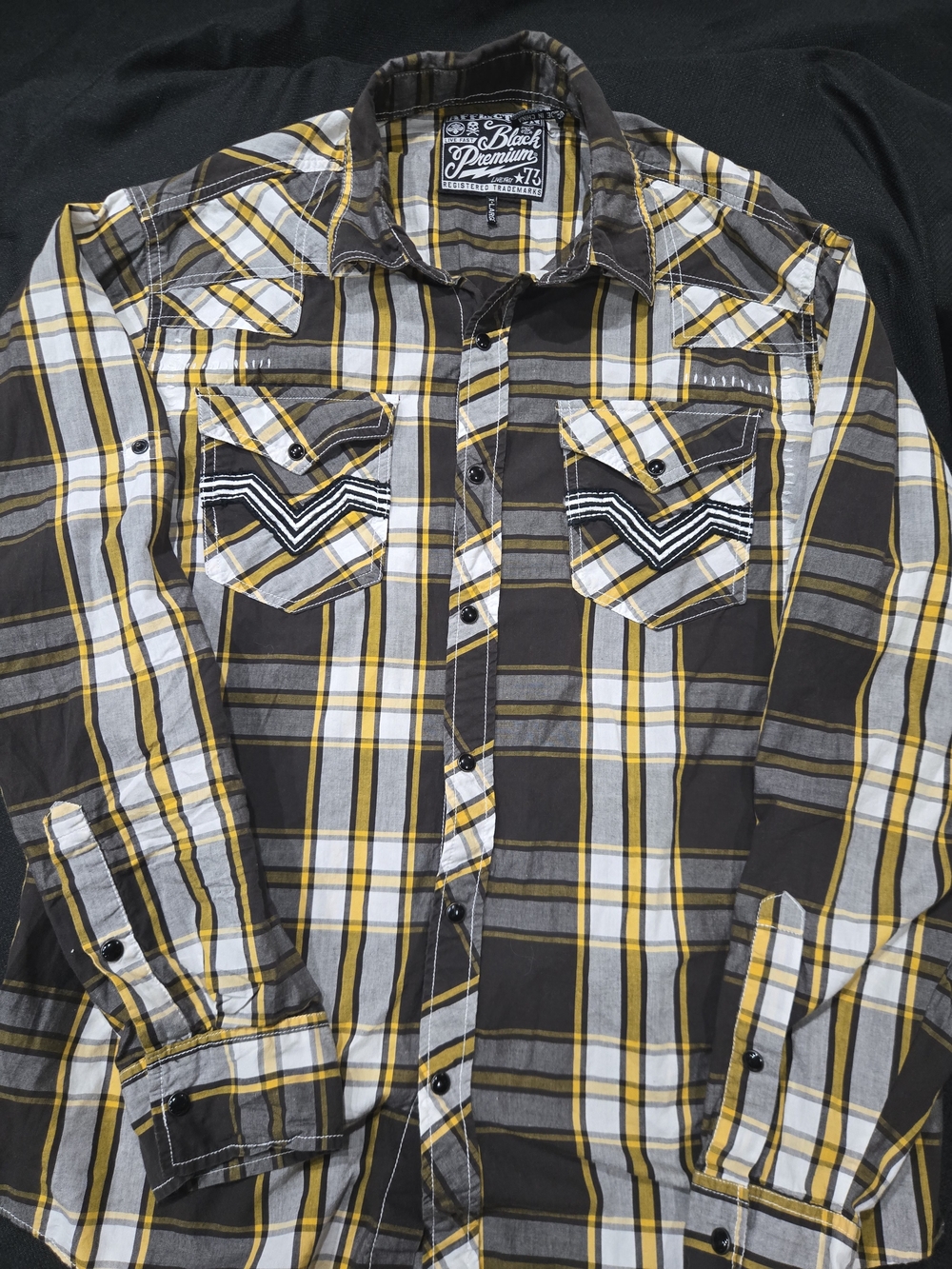 Men's Affliction Plaid Pearl Snap Shirt - Yellow, Gray & Black